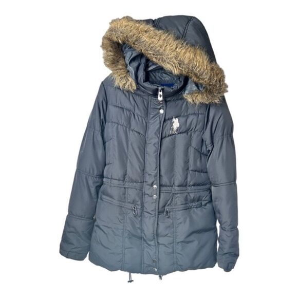 US Polo Assn Puffer Jacket Gray Faux Fur Detachable Hood Winter Coat Womens M - Picture 1 of 8